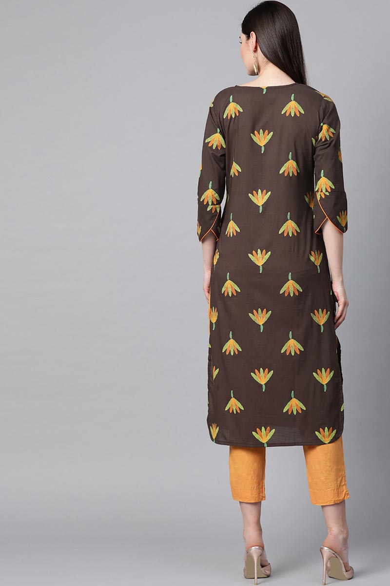   Cotton Fabric Printed Simple Function Wear Brown Kurti 