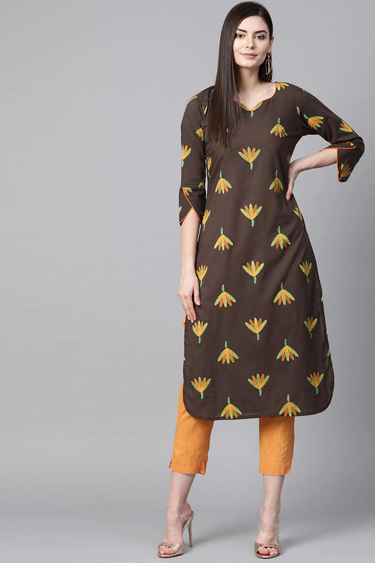   Cotton Fabric Printed Simple Function Wear Brown Kurti 