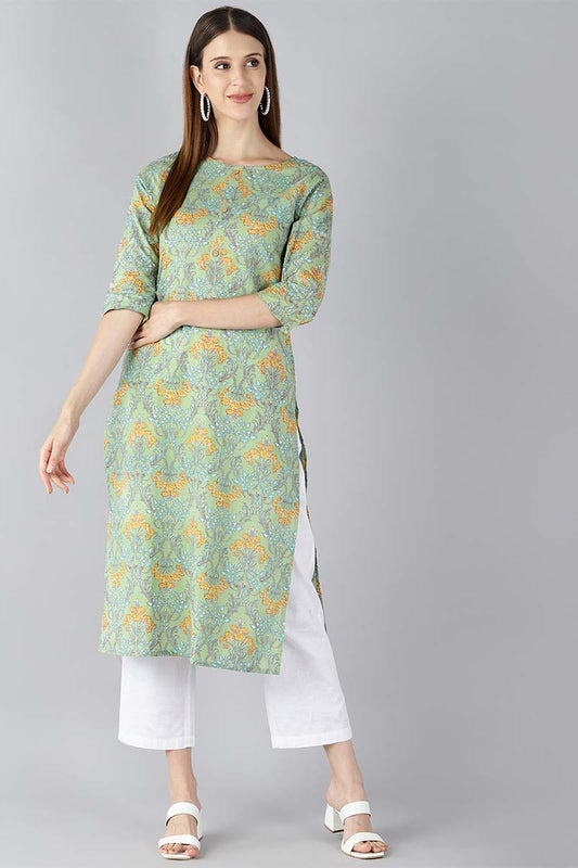   Cotton Fabric Green Color Printed Fancy Daily Wear Kurti 