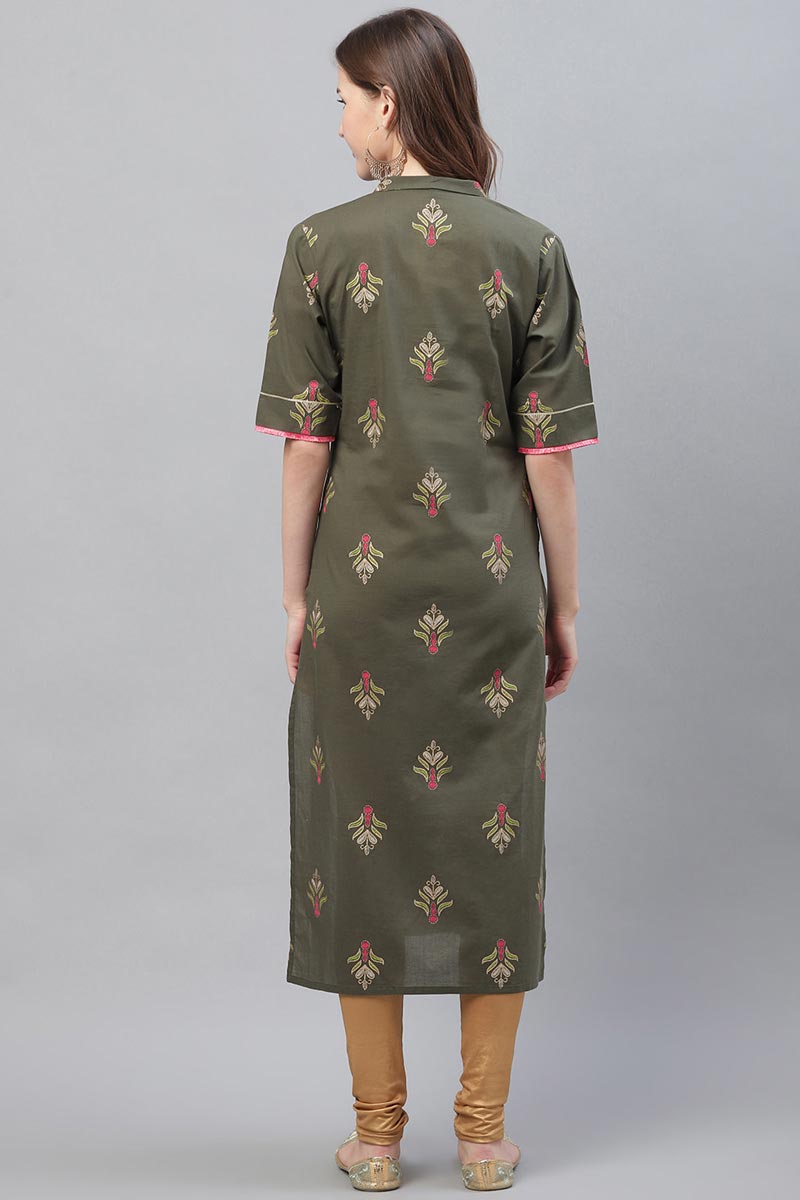   Occasion Wear Dark Olive Color Printed Cotton Kurti 