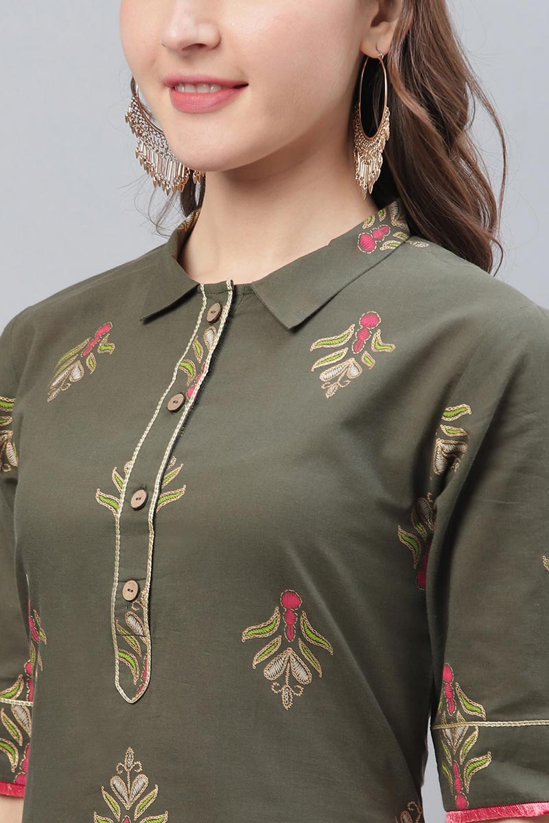   Occasion Wear Dark Olive Color Printed Cotton Kurti 