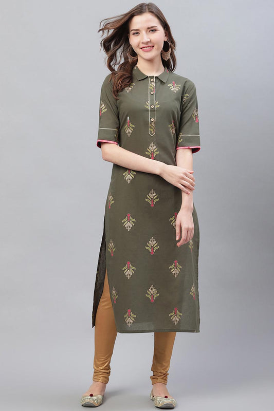   Occasion Wear Dark Olive Color Printed Cotton Kurti 