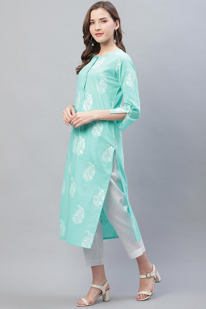   Trendy Festive Wear Cyan Printed Kurti 