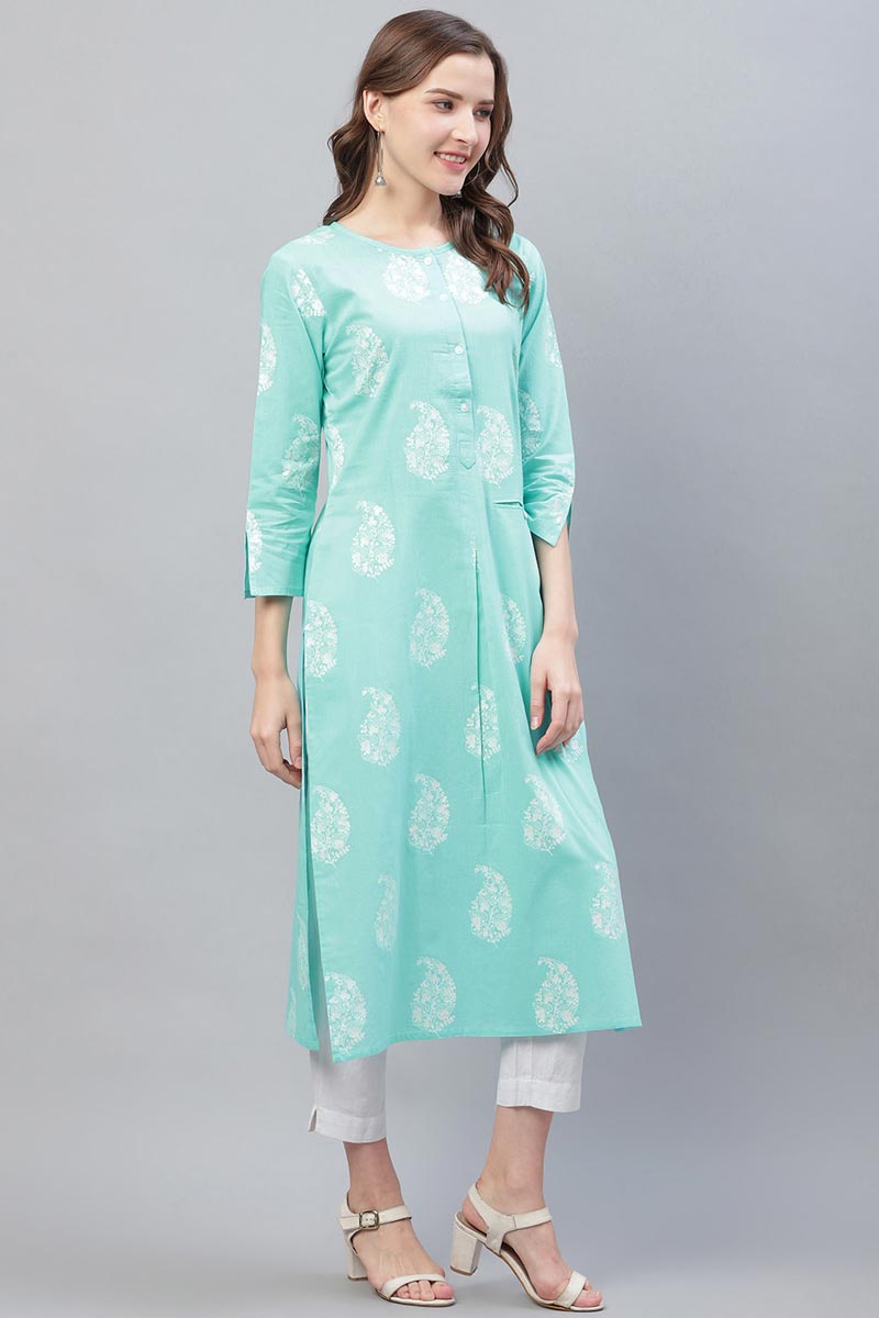   Trendy Festive Wear Cyan Printed Kurti 