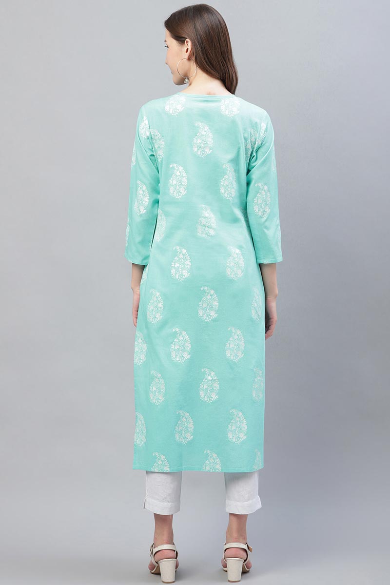   Trendy Festive Wear Cyan Printed Kurti 