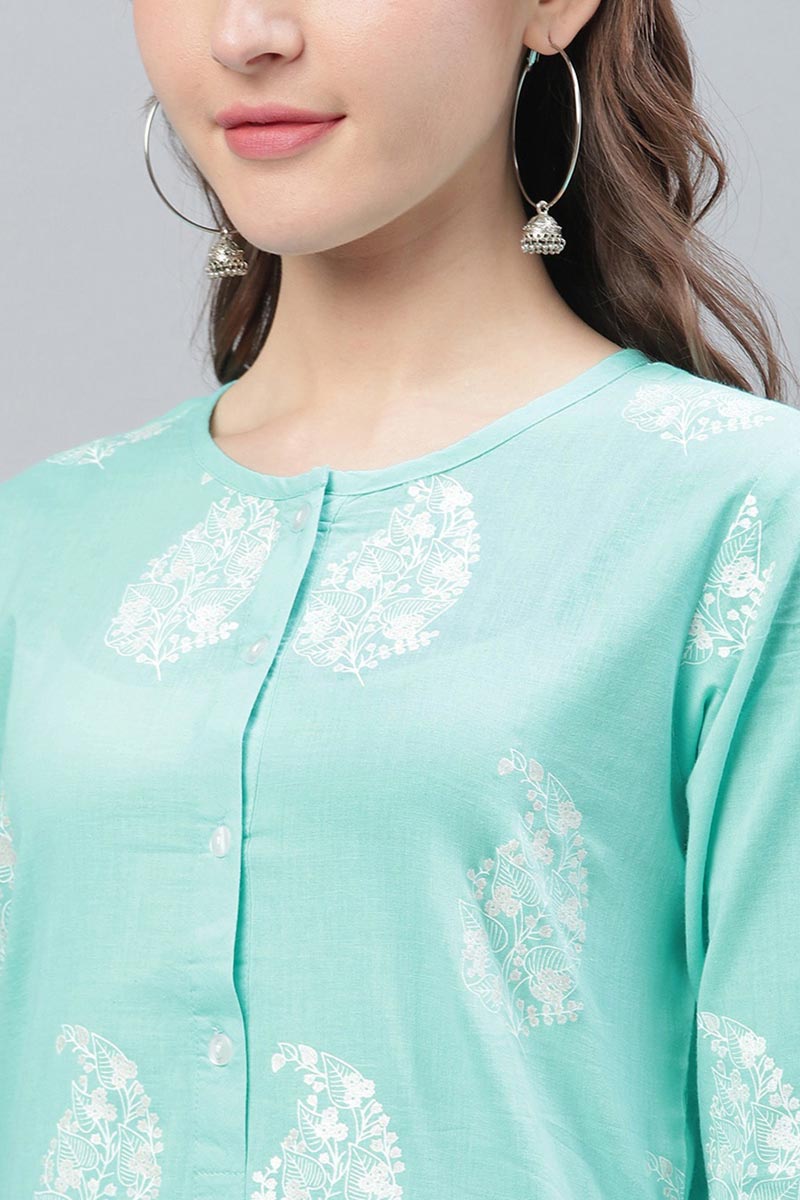   Trendy Festive Wear Cyan Printed Kurti 