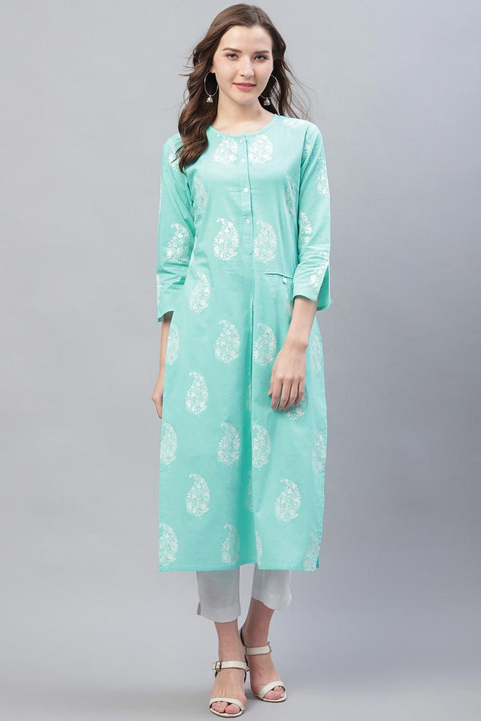   Trendy Festive Wear Cyan Printed Kurti 