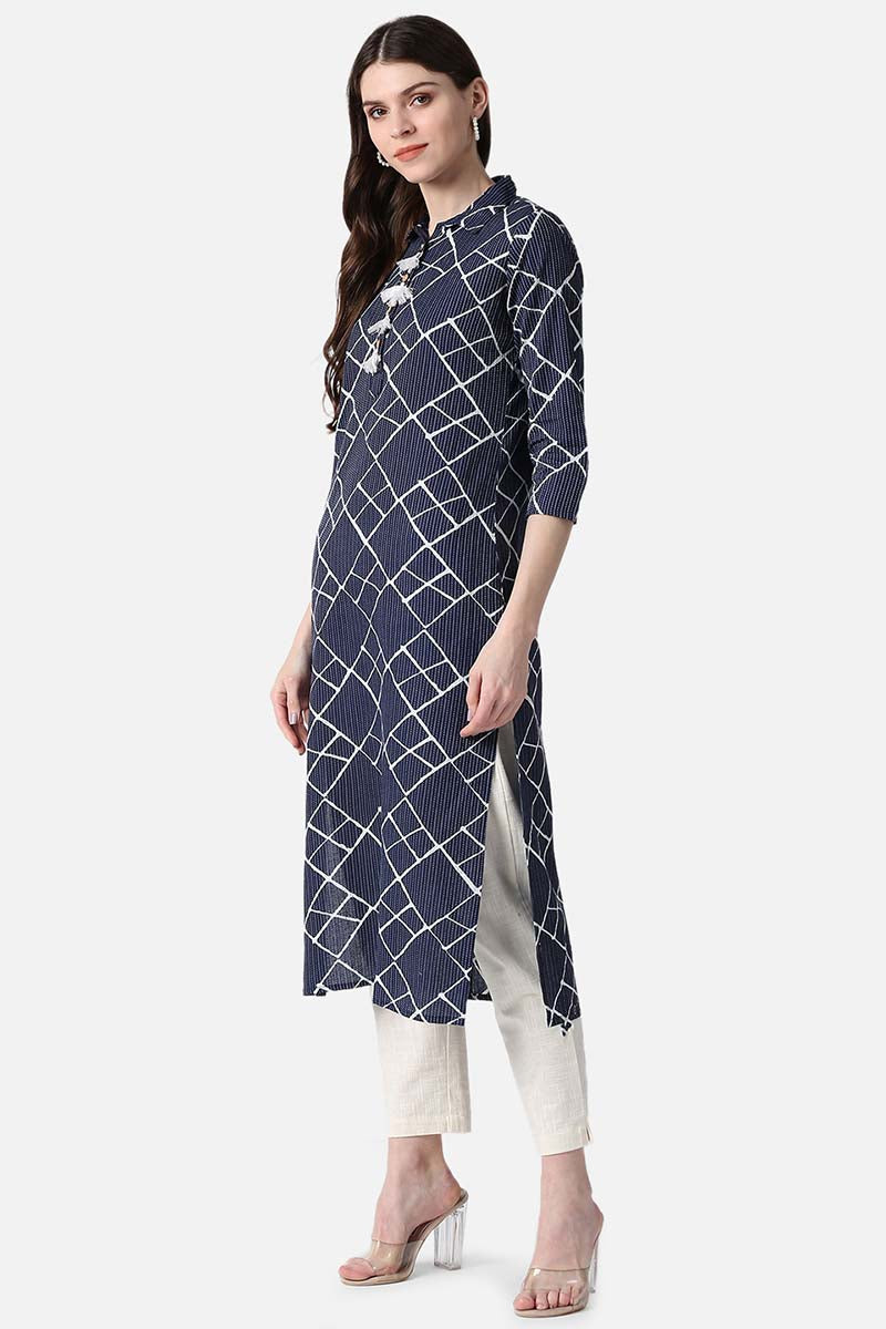   Casual Wear Cotton Fabric Navy Blue Trendy Kurti 