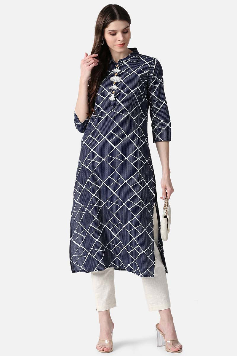   Casual Wear Cotton Fabric Navy Blue Trendy Kurti 