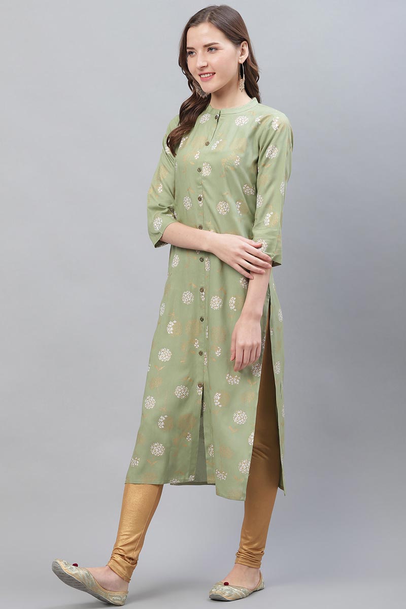   Cotton Fabric Trendy Festive Wear Khaki Printed Kurti 