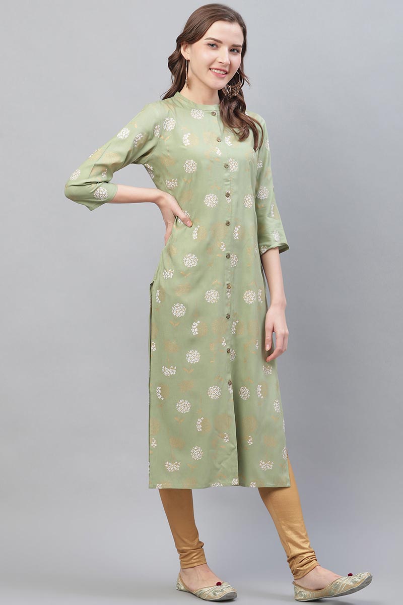   Cotton Fabric Trendy Festive Wear Khaki Printed Kurti 