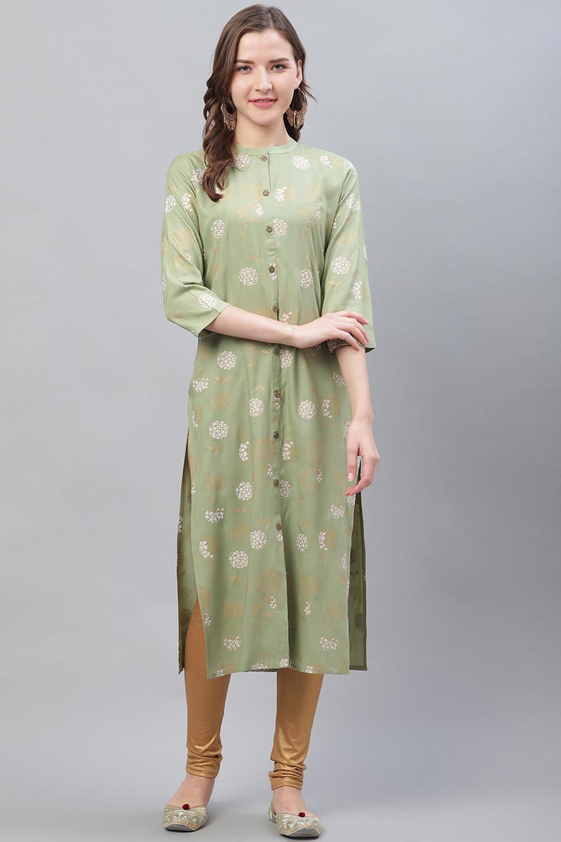   Cotton Fabric Trendy Festive Wear Khaki Printed Kurti 