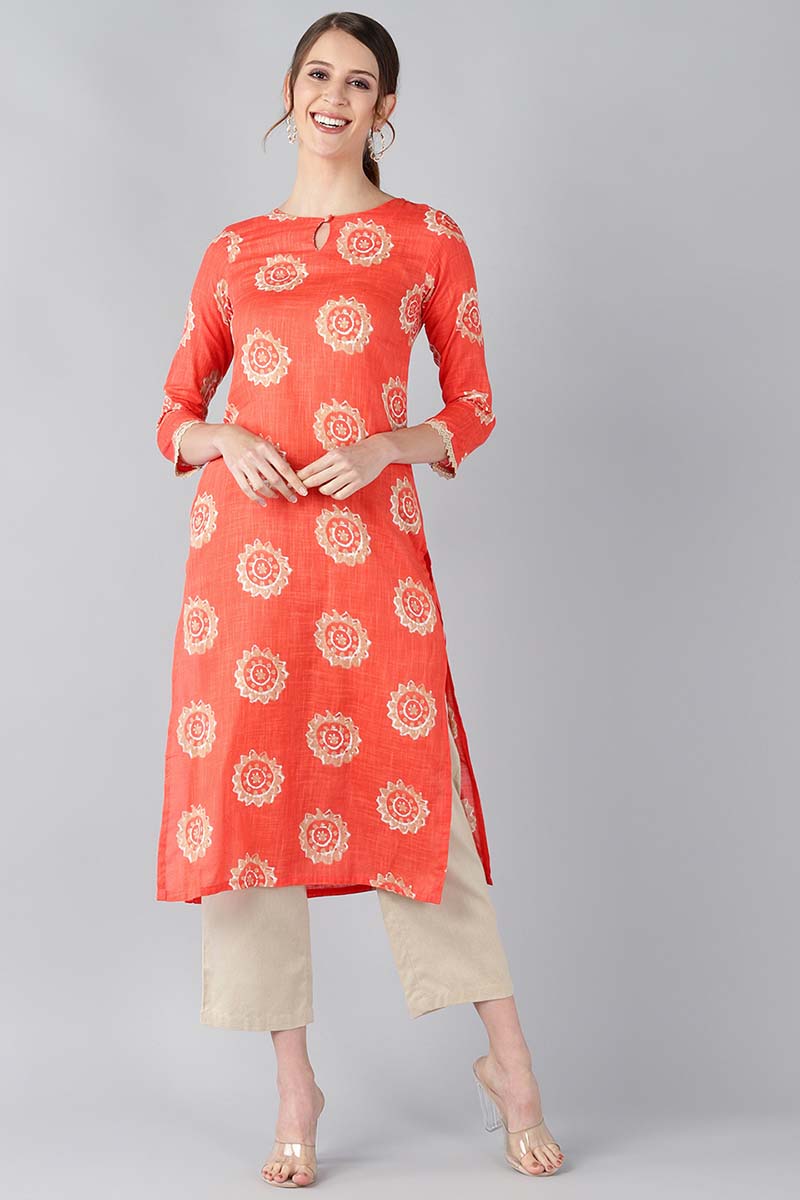   Coral Orange & Beige Screen Printed Straight Kurta