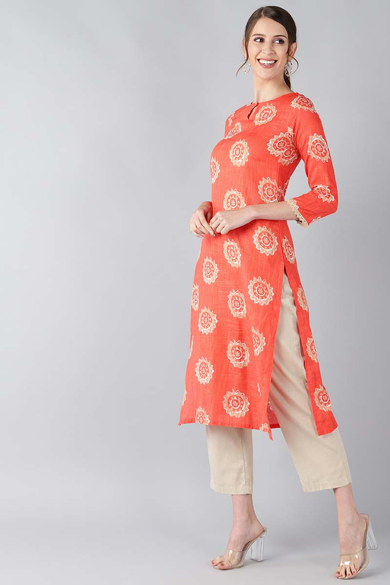   Coral Orange & Beige Screen Printed Straight Kurta