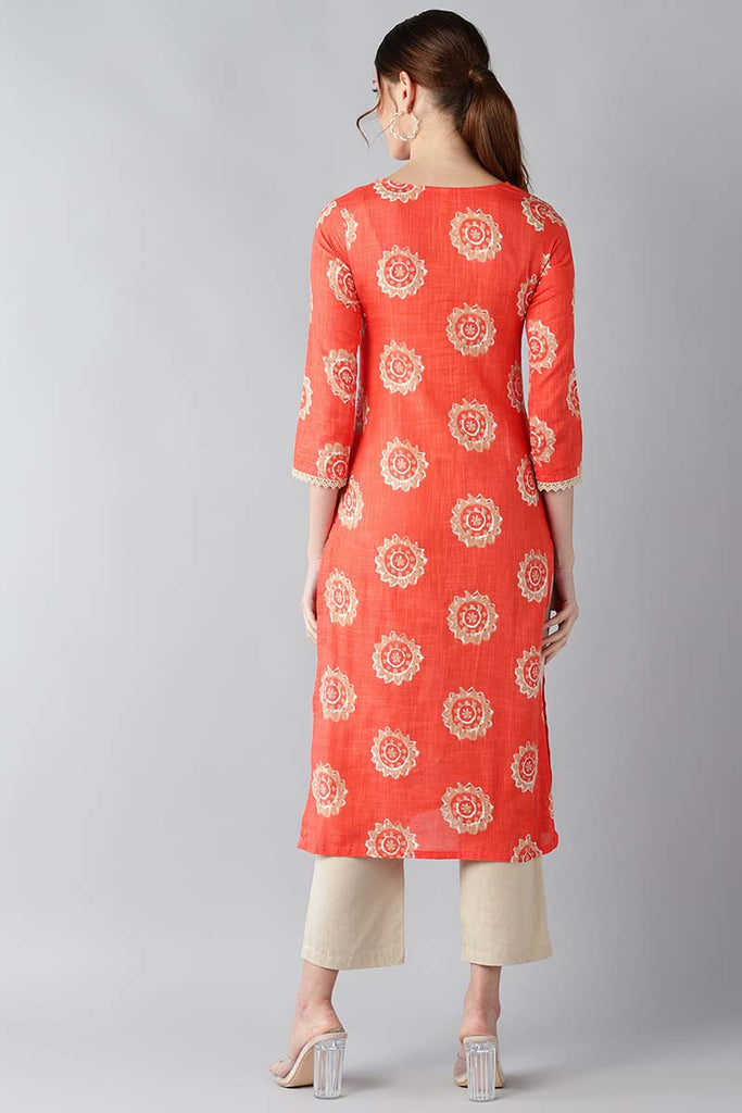   Coral Orange & Beige Screen Printed Straight Kurta