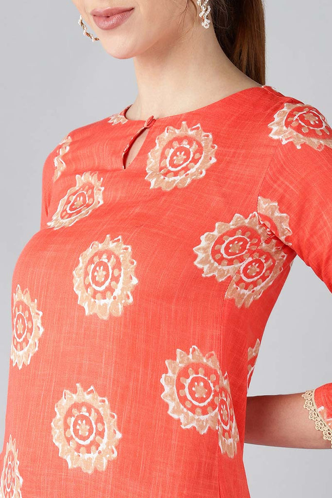   Coral Orange & Beige Screen Printed Straight Kurta