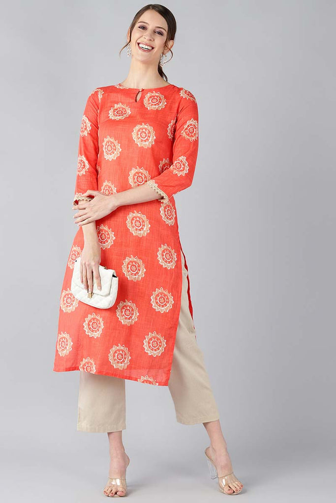   Coral Orange & Beige Screen Printed Straight Kurta