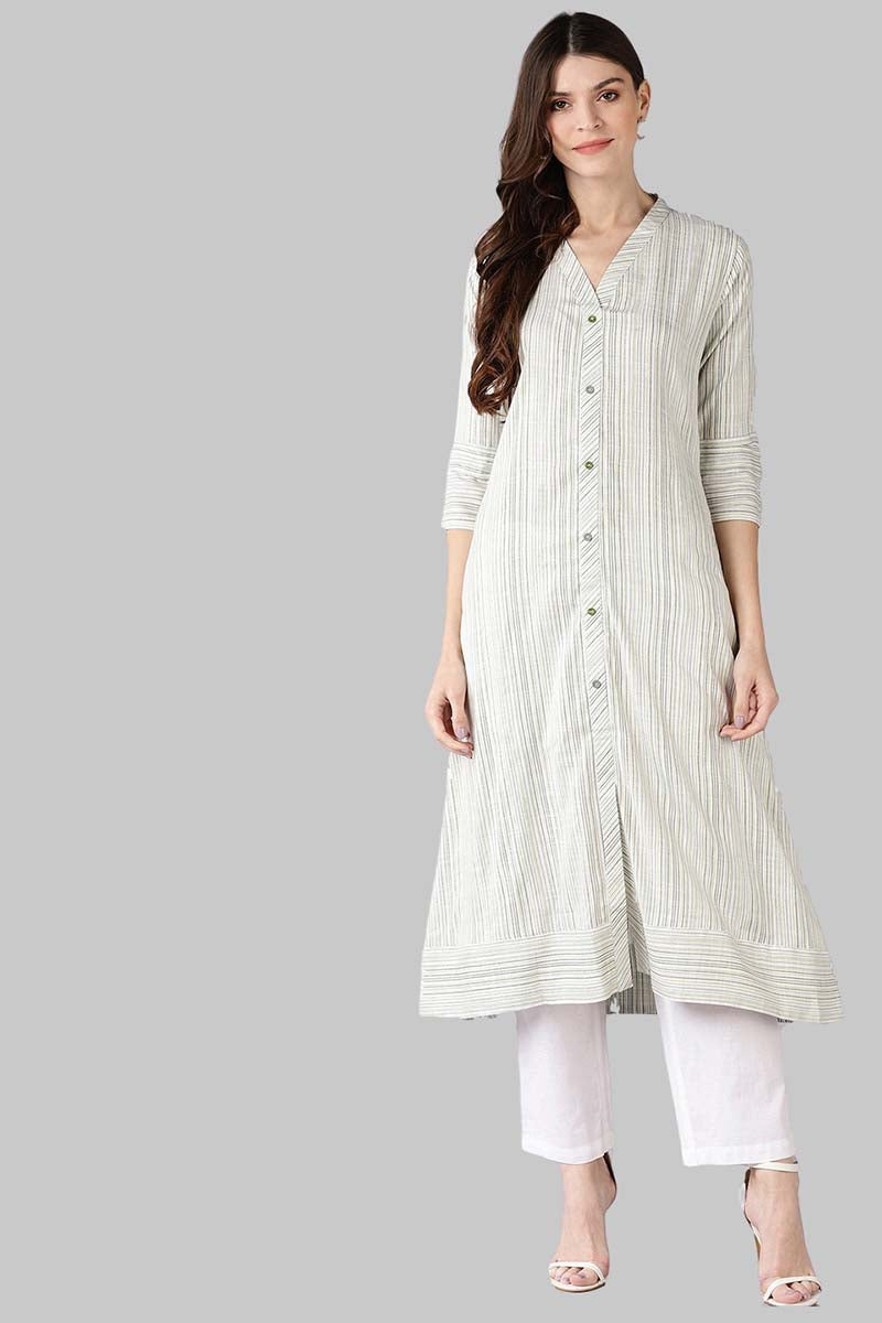   Off White & Green Self Striped A Line Kurta