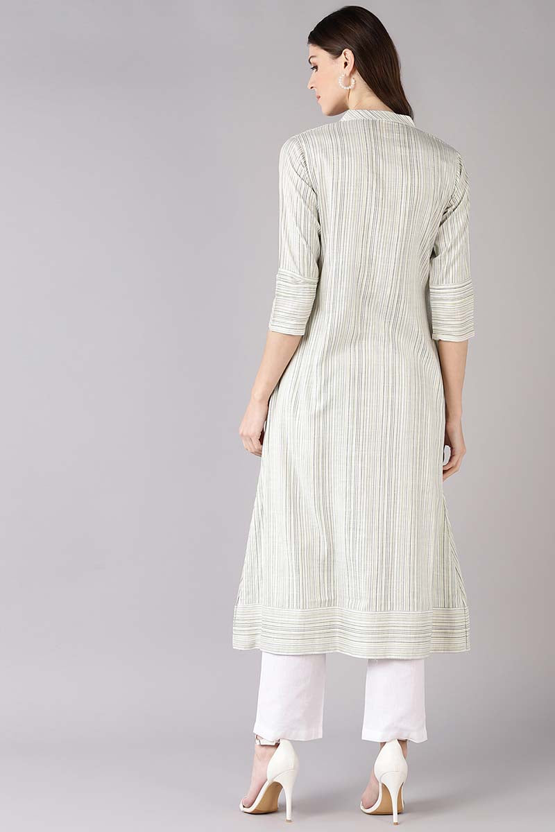   Off White & Green Self Striped A Line Kurta