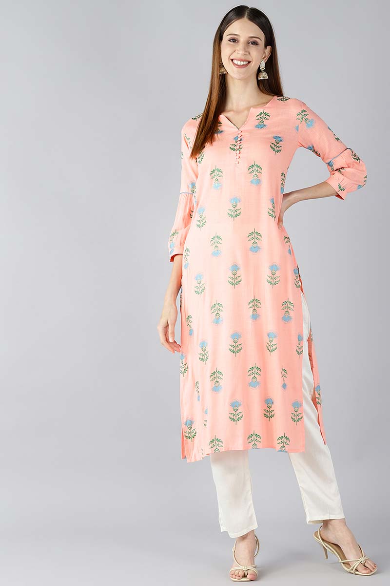   Peach Coloured & Blue Printed Straight Kurta 