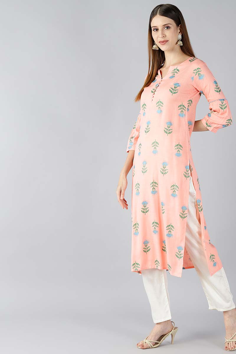   Peach Coloured & Blue Printed Straight Kurta 