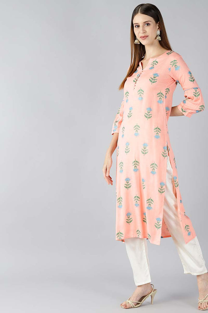   Peach Coloured & Blue Printed Straight Kurta 