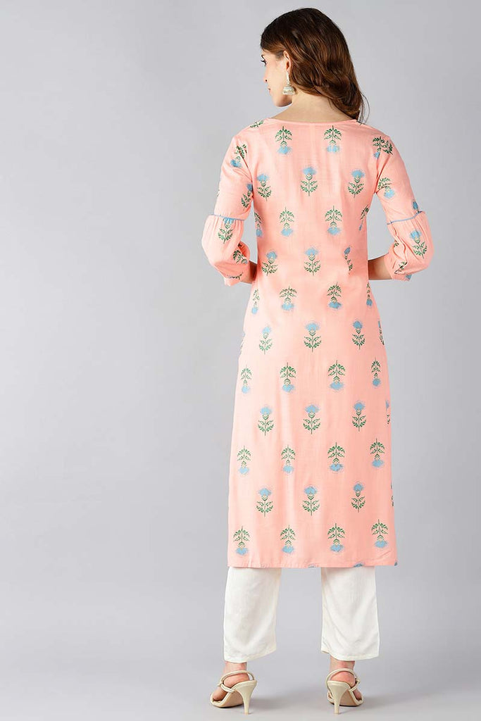   Peach Coloured & Blue Printed Straight Kurta 