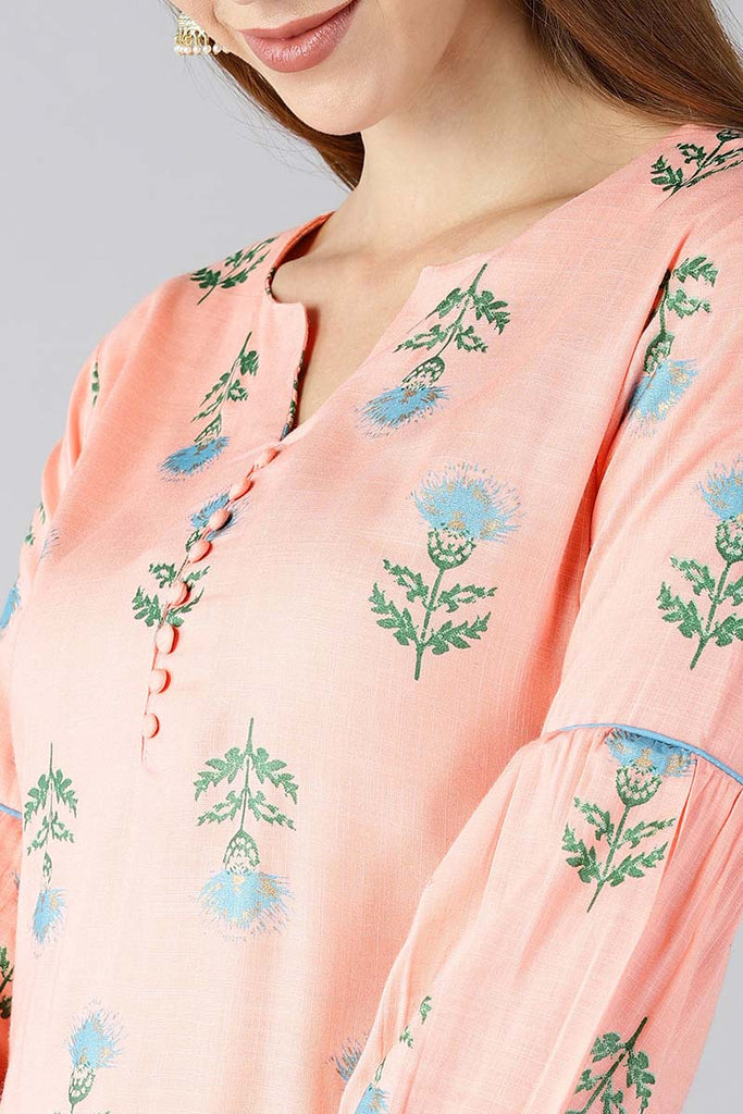   Peach Coloured & Blue Printed Straight Kurta 