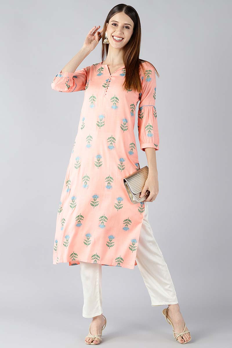   Peach Coloured & Blue Printed Straight Kurta 