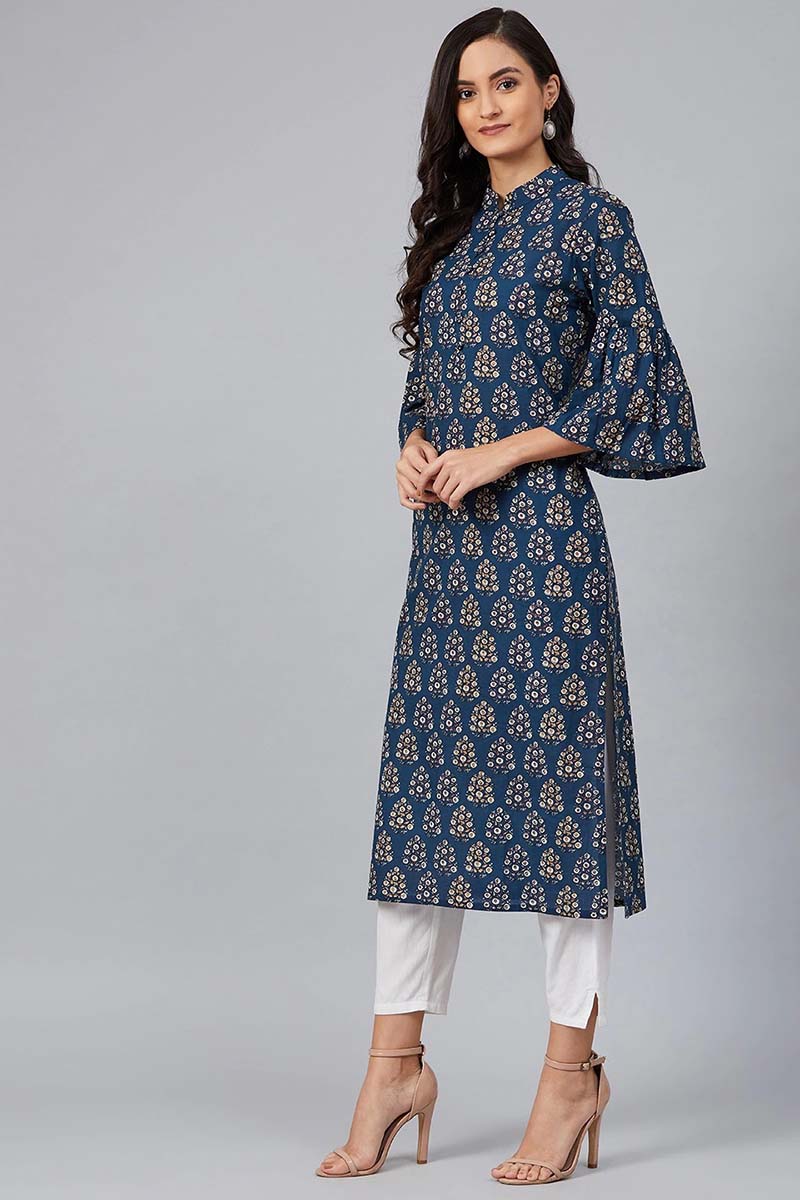   Navy Blue & White Screen Printed Straight Kurta 