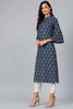   Navy Blue & White Screen Printed Straight Kurta 