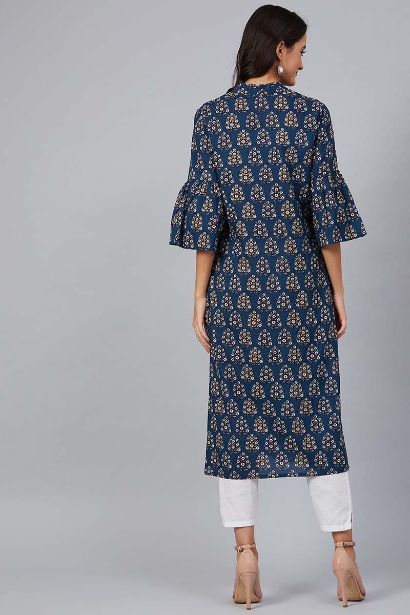   Navy Blue & White Screen Printed Straight Kurta 