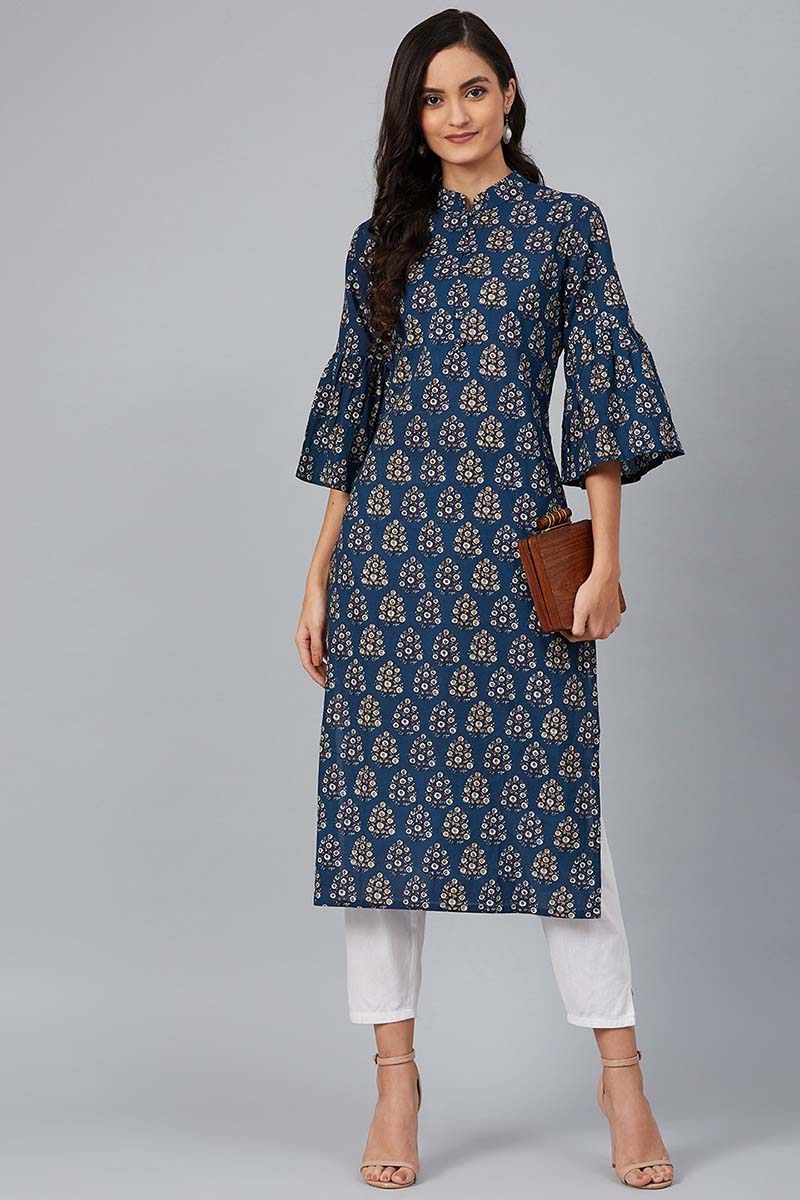   Navy Blue & White Screen Printed Straight Kurta 