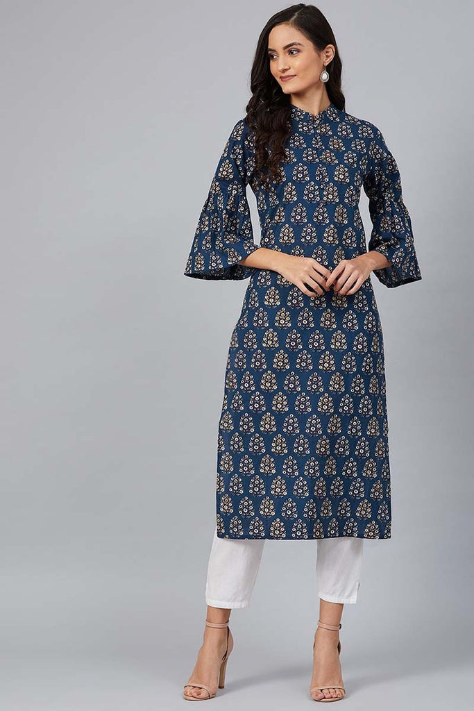   Navy Blue & White Screen Printed Straight Kurta 