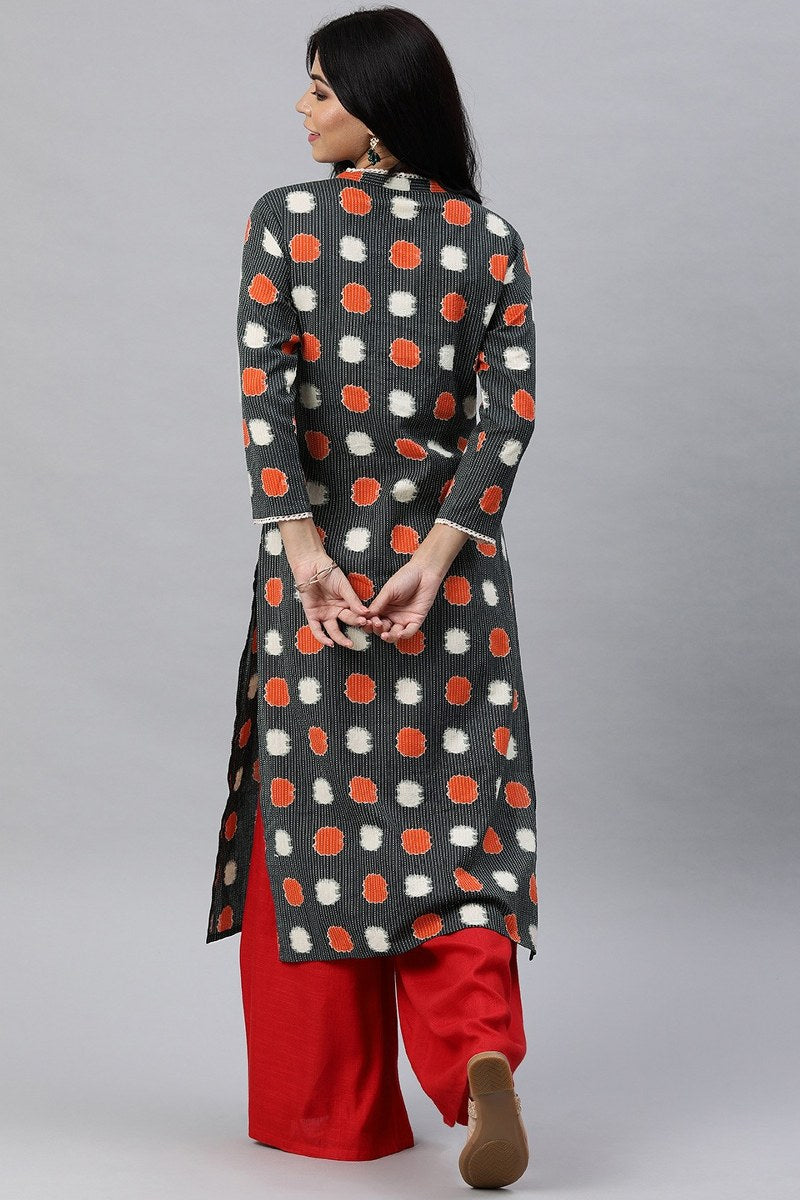   Charcoal Grey Printed Straight Kurta 