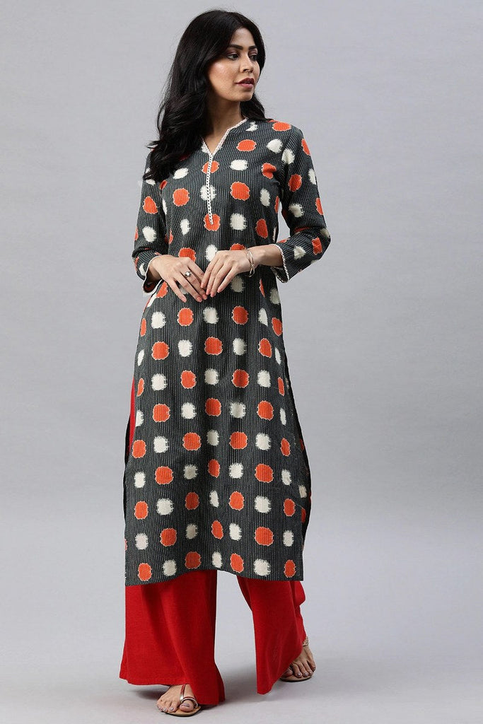   Charcoal Grey Printed Straight Kurta 