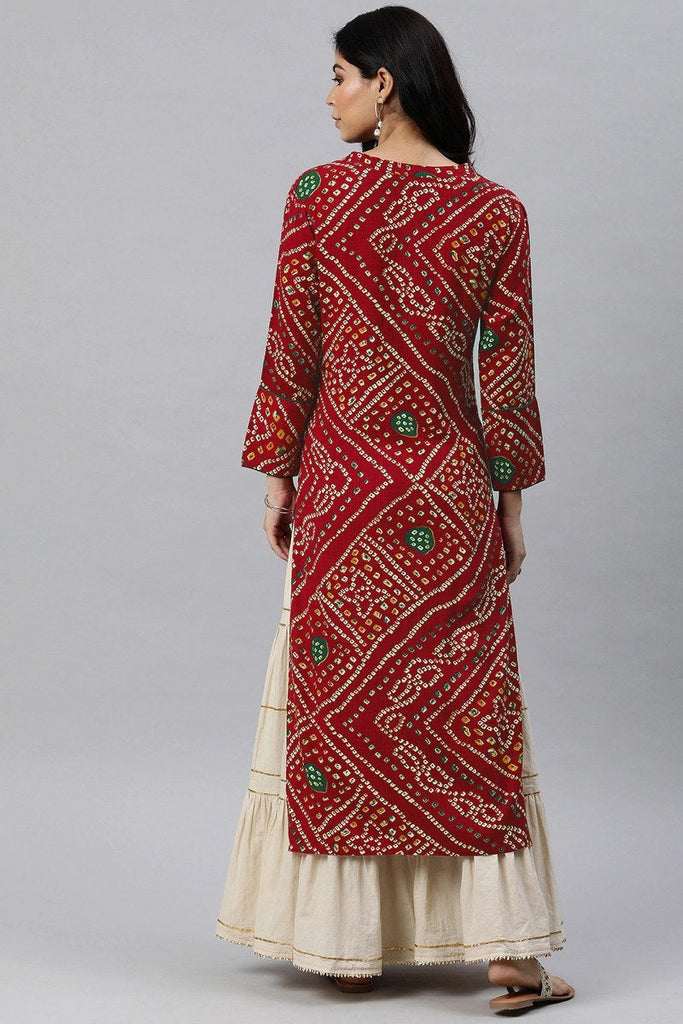   Red And Beige Bandhani Printed Straight Kurta