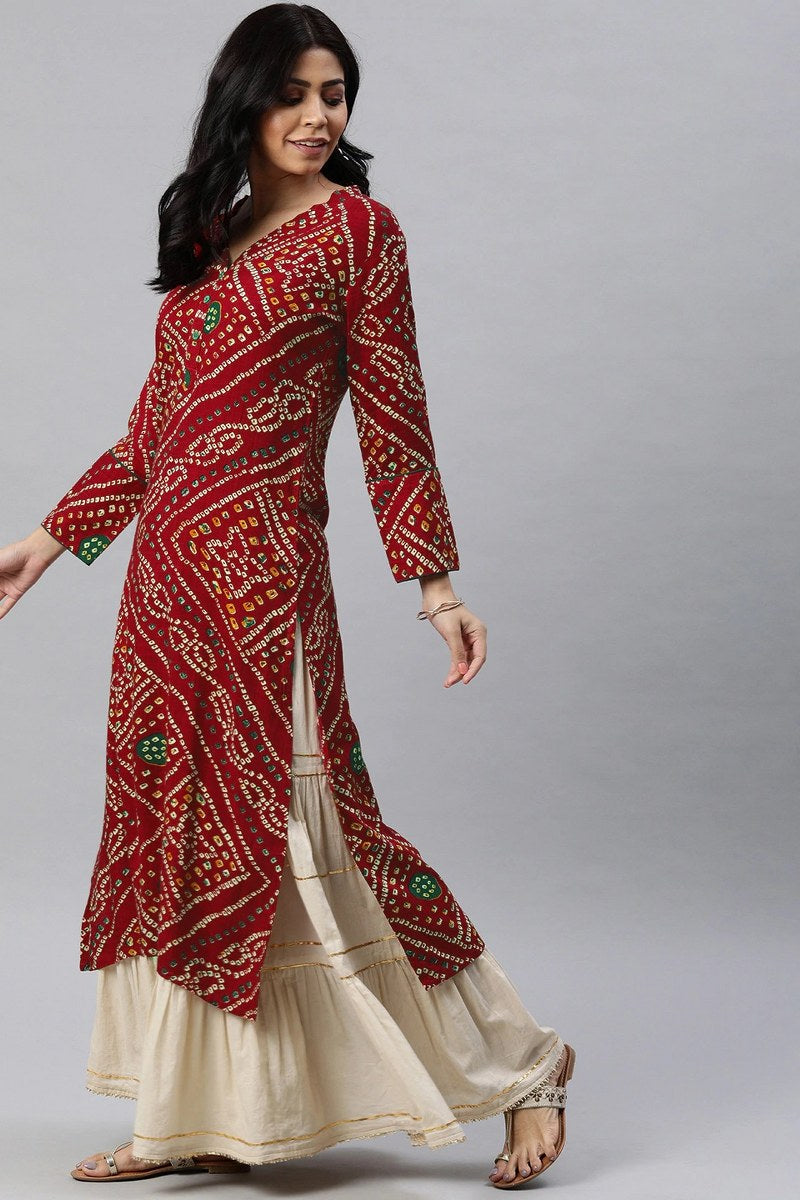   Red And Beige Bandhani Printed Straight Kurta