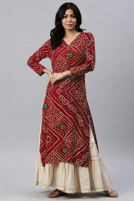   Red And Beige Bandhani Printed Straight Kurta