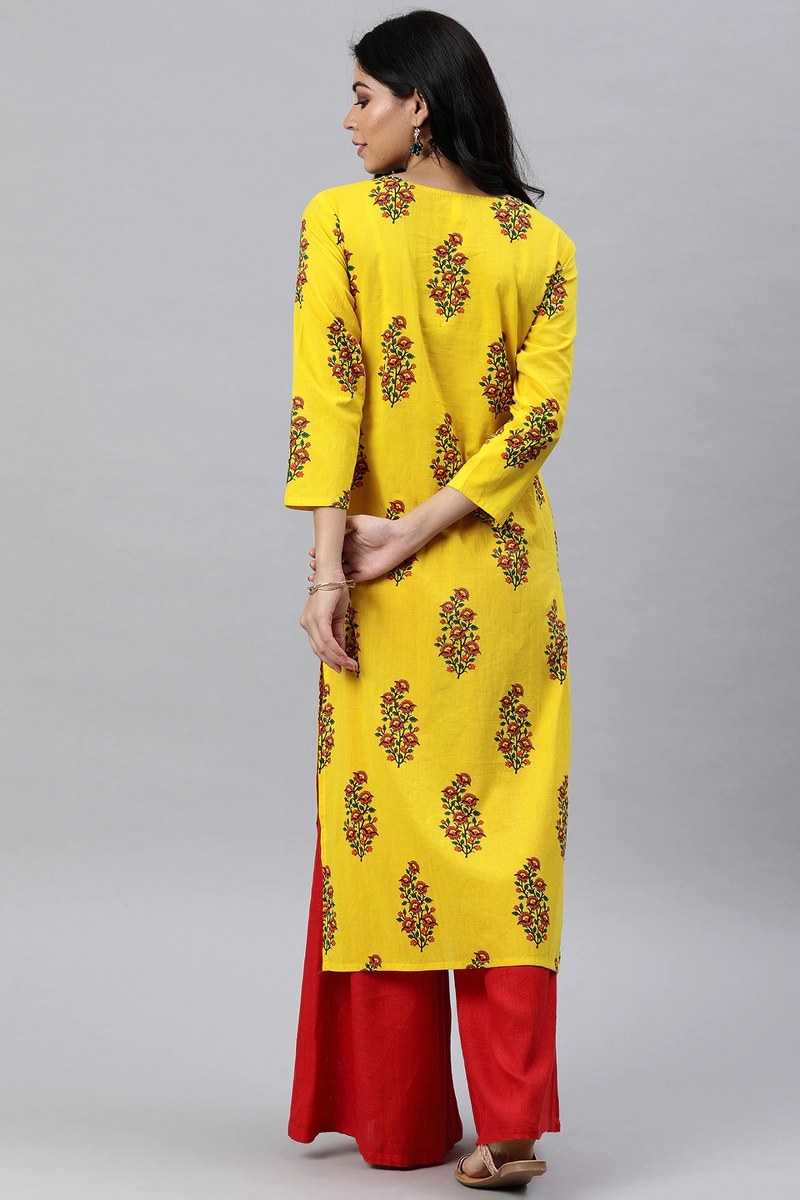   Yellow Floral Printed Straight Kurta 