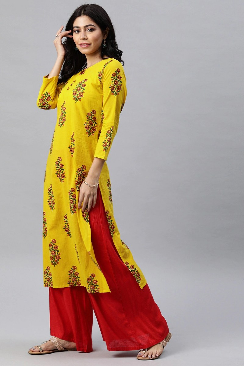   Yellow Floral Printed Straight Kurta 