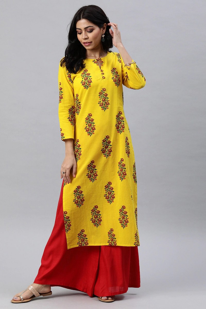   Yellow Floral Printed Straight Kurta 