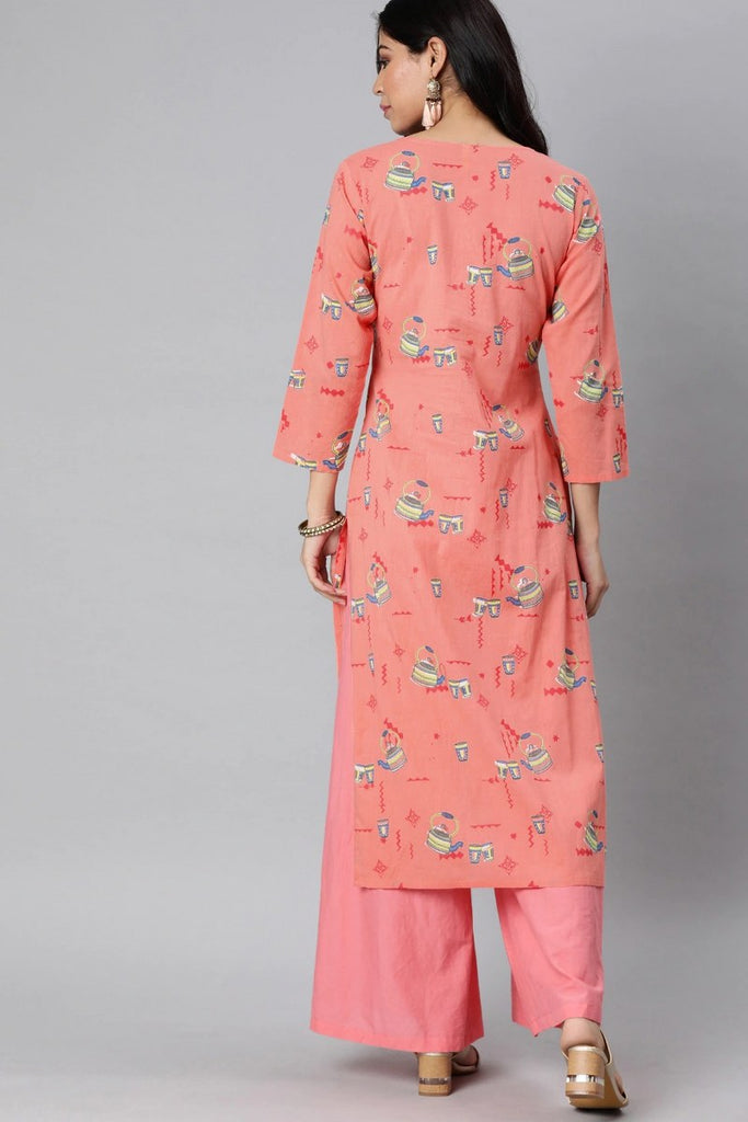   Pink And Blue Printed Straight Kurta 