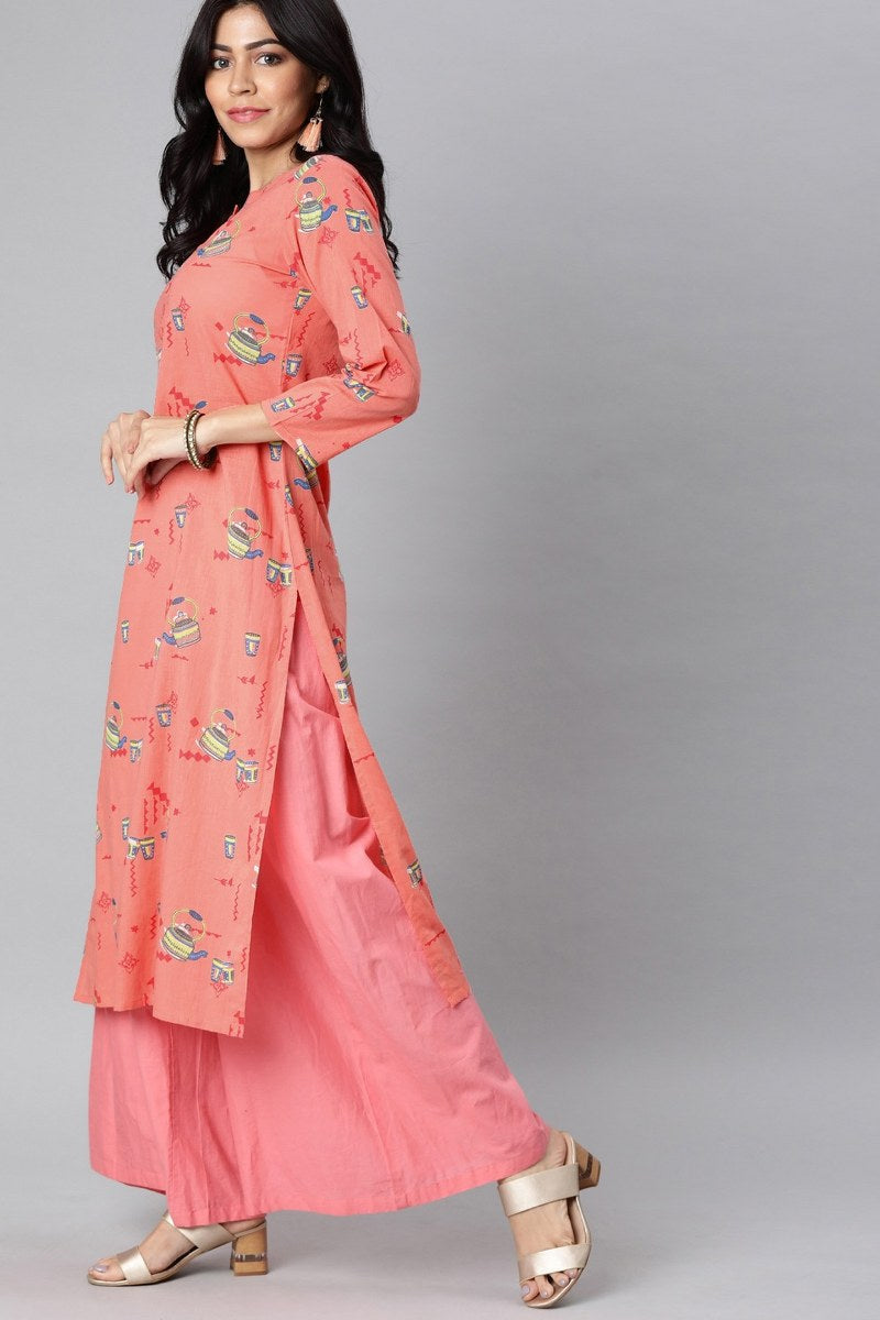   Pink And Blue Printed Straight Kurta 