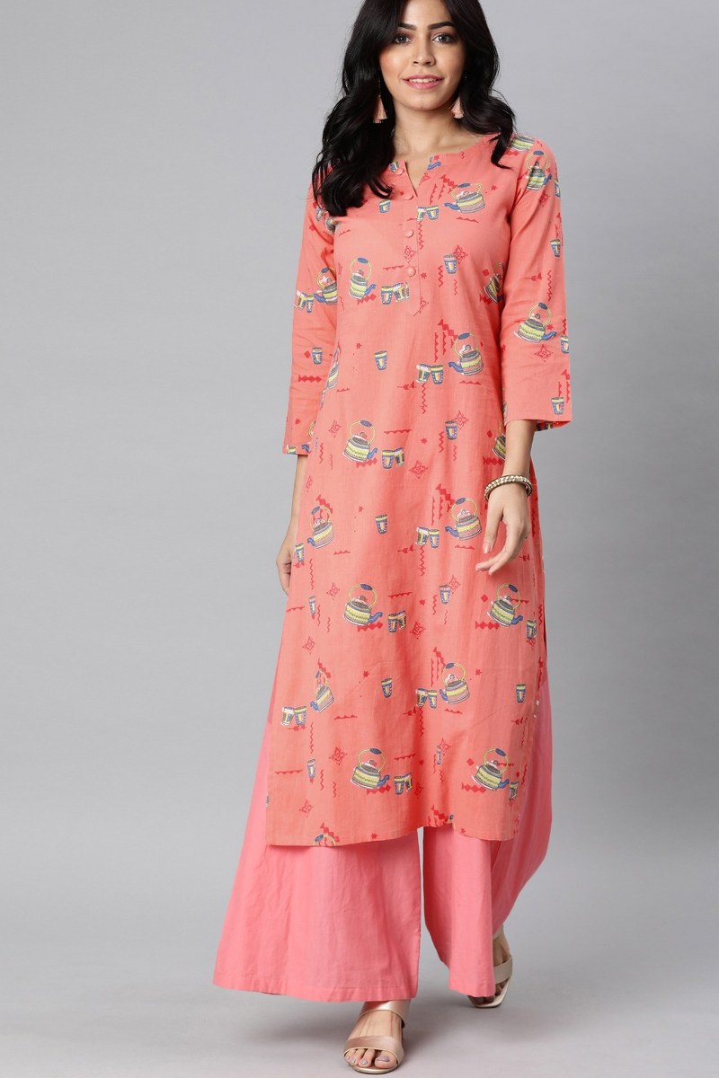   Pink And Blue Printed Straight Kurta 