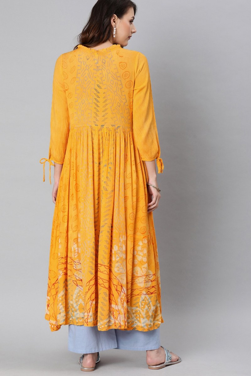   Yellow And Grey Printed Anarkali Kurta 