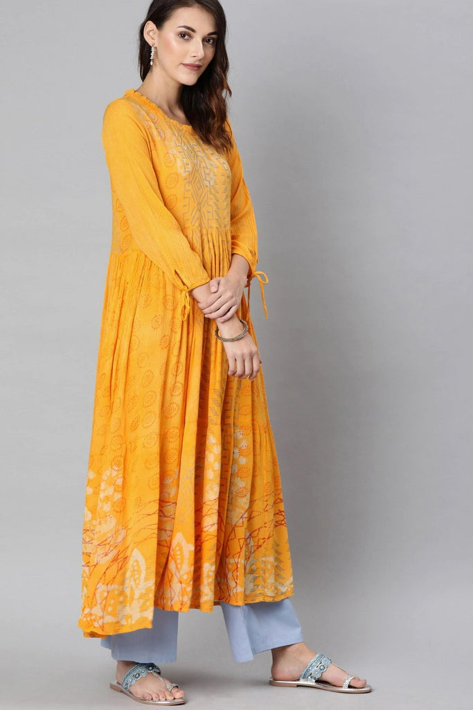   Yellow And Grey Printed Anarkali Kurta 