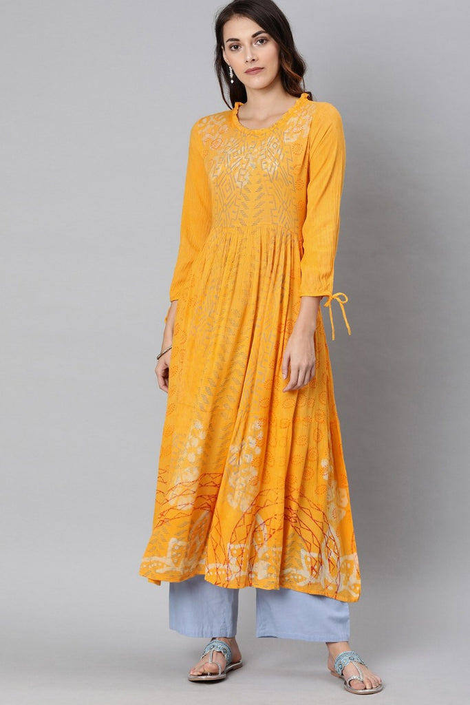   Yellow And Grey Printed Anarkali Kurta 