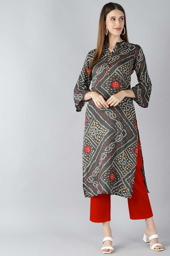   Charcoal Grey And Red Bandhani Printed Straight Kurta