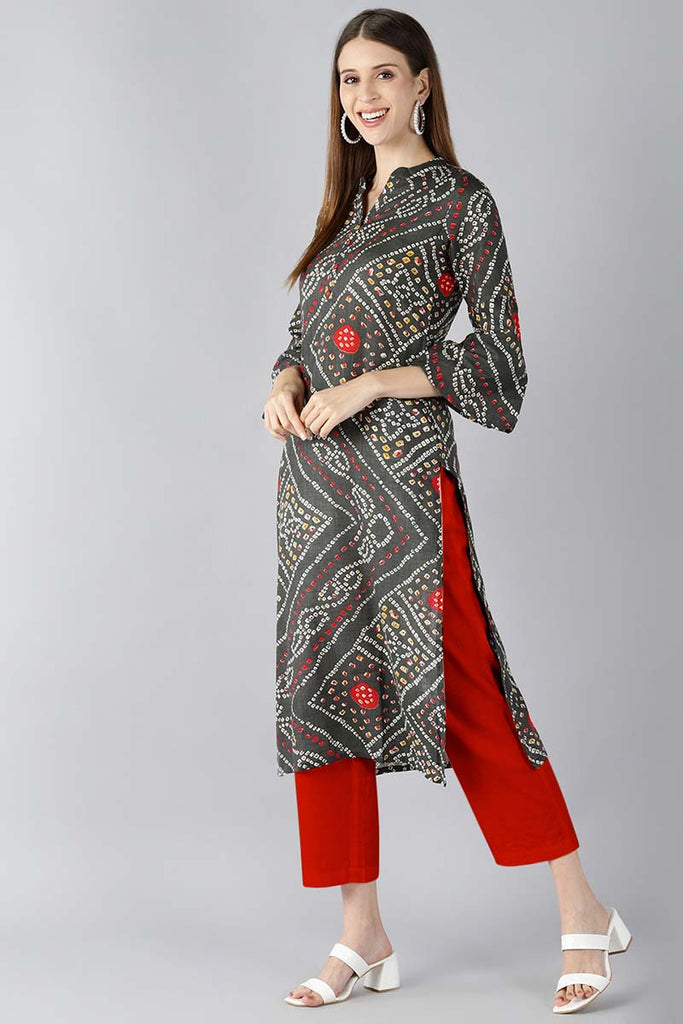   Charcoal Grey And Red Bandhani Printed Straight Kurta 